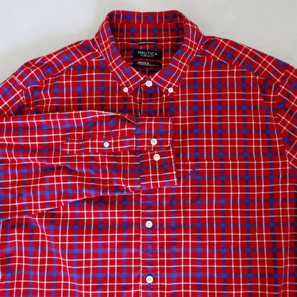 NAUTICA Men's XXL Button Down Classic Fit Plaid Shirt Red Blue White Stretch